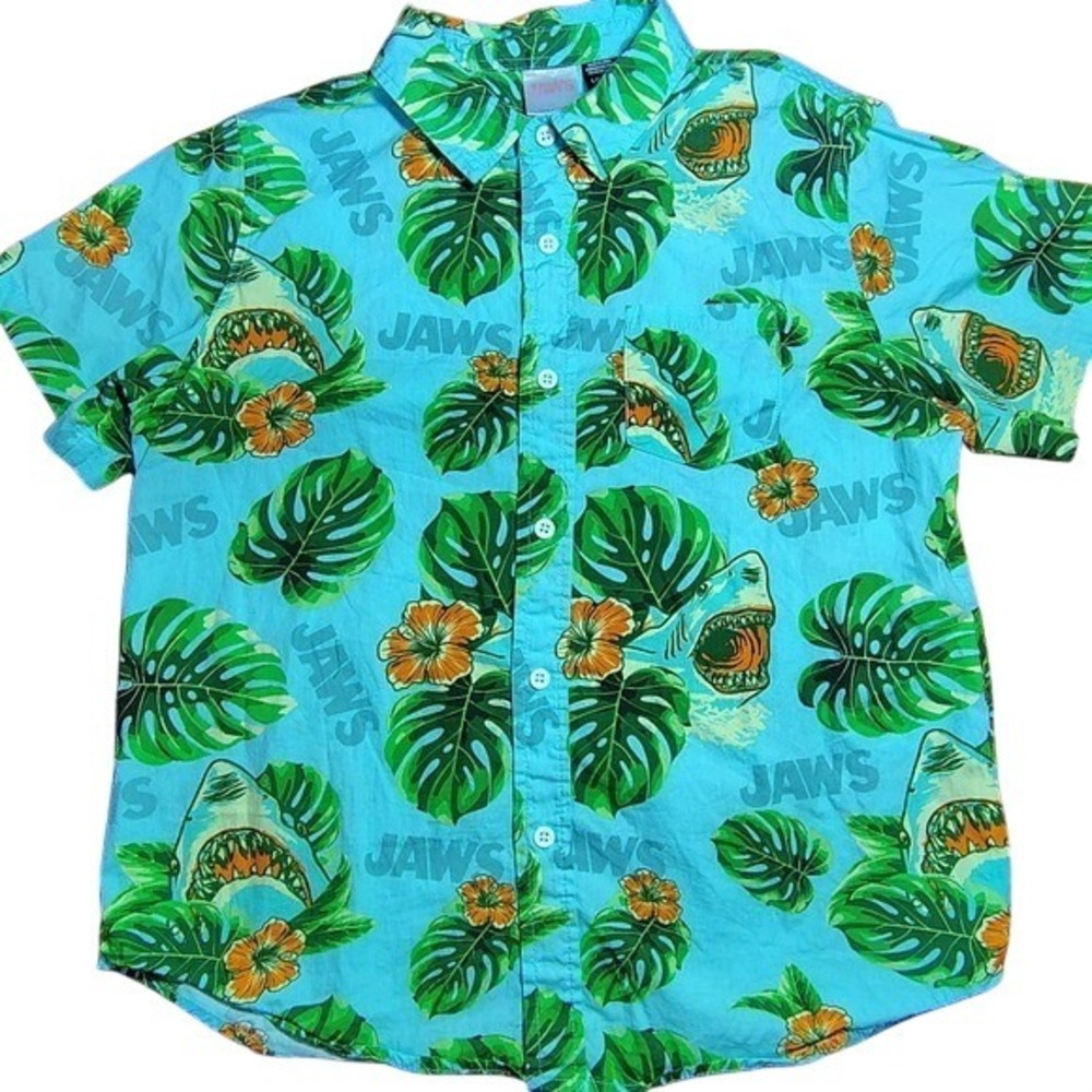 Kids Jaws Shark Hawaiian Button Up Shirt Short‎ Sleeve Blue Tropical LG